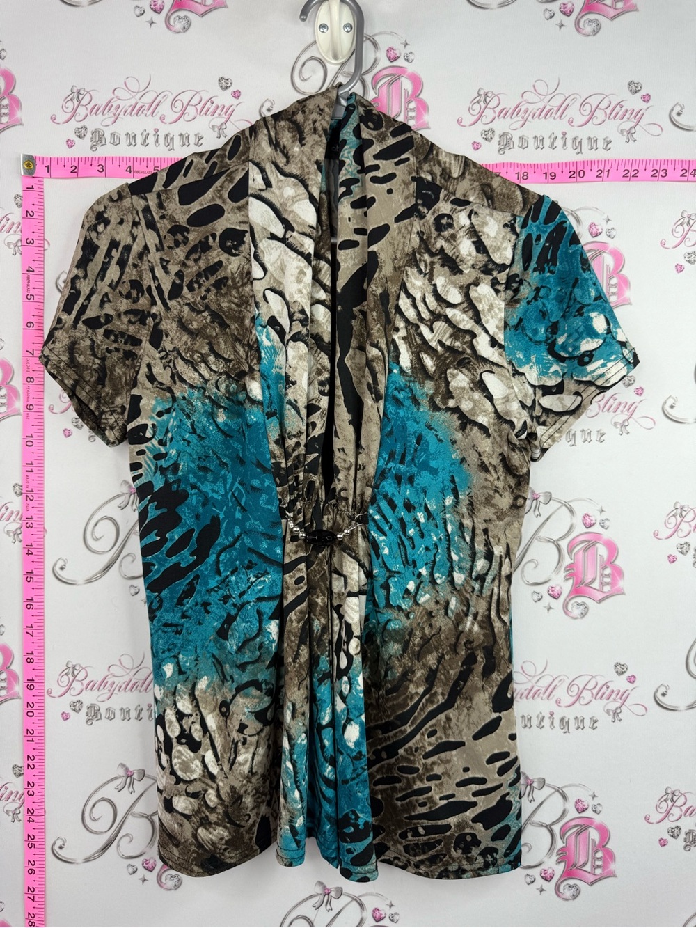 AHUVA tshirt Abstract Teal and Brown Short Sleeve V-Neck Blouse